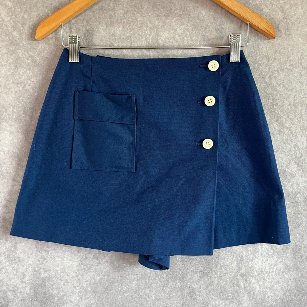 Sears Perma-Prest Skort Womens 10 Blue Vintage Wrap Front Button Side Pocket
